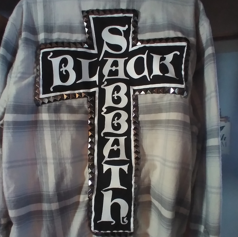 upcycled flannel shirt w/BLACK SABBATH back patch Outlined W/ Black Metal Studs - Picture 2 of 4